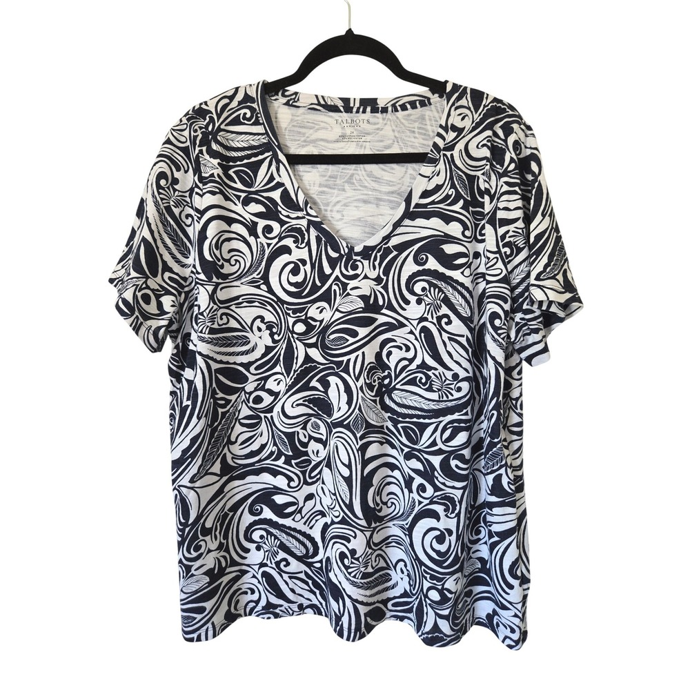 Talbots 2X T-Shirt Women Navy Blue White Paisley Swirl V-Neck Short Sleeve Tee